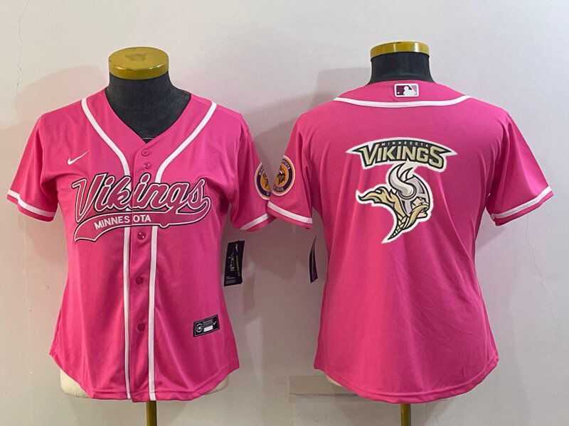 Womens Minnesota Vikings Pink Team Big Logo With Patch Cool Base Stitched Baseball Jersey->women nfl jersey->Women Jersey